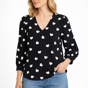 Adrianna Papell 3/4 Sleeve Tunic Top V Neck Black Heart Stretch Love Cute M